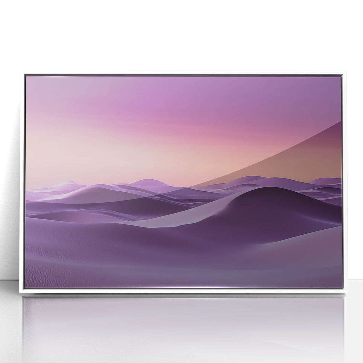 Framed acrylic artwork depicting serene sand dunes landscape in soft beige and golden hues, set in a modern white frame, perfect for home decor.
