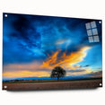 Acrylic glass artwork showcasing vibrant landscapes and fields, presented in a side view with decorative pins, ideal for modern home decor.