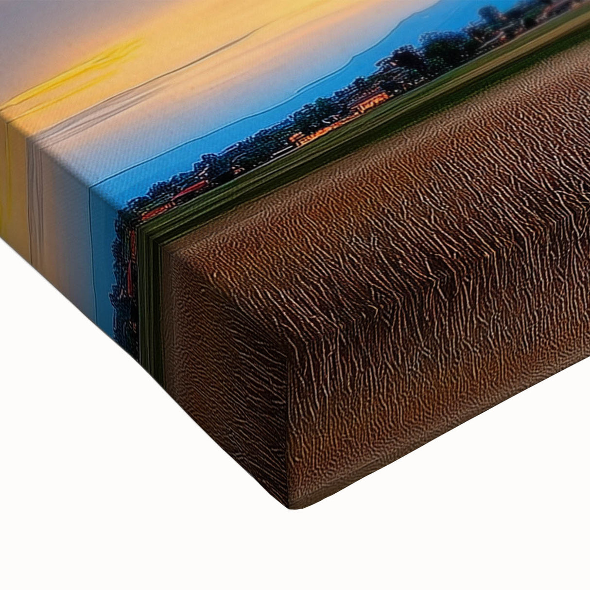Close-up of a stretched canvas artwork depicting vibrant green fields under a blue sky, showcasing rich textures and intricate details, perfect for home decor.