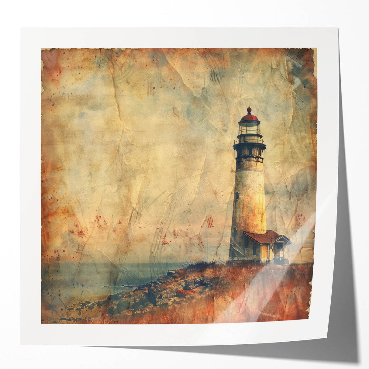 A vibrant landscape wall art print showcasing a serene lighthouse scene, featuring blue skies and crashing waves, ideal for coastal-themed decor.