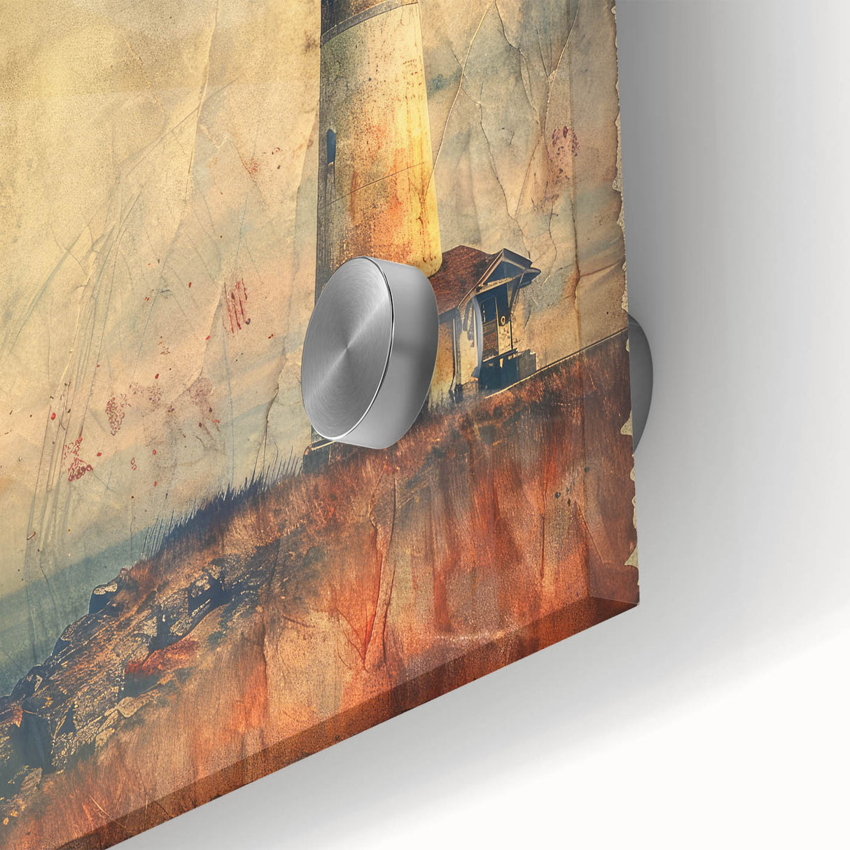 Close-up of a vibrant lighthouse wall art piece, showcasing intricate acrylic glass details and vivid colors, perfect for coastal-themed decor.