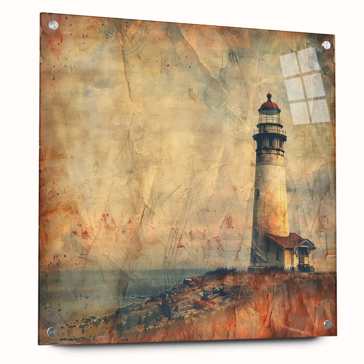 Acrylic glass wall art depicting a coastal lighthouse landscape, showcasing vibrant colors and intricate details, mounted with pins for easy display. Perfect for enhancing home decor with a nautical theme.