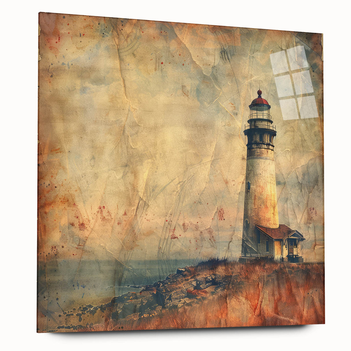 Vibrant lighthouse wall art design displayed on acrylic glass, showcasing a serene seaside landscape with rich colors and intricate details, perfect for enhancing home decor.