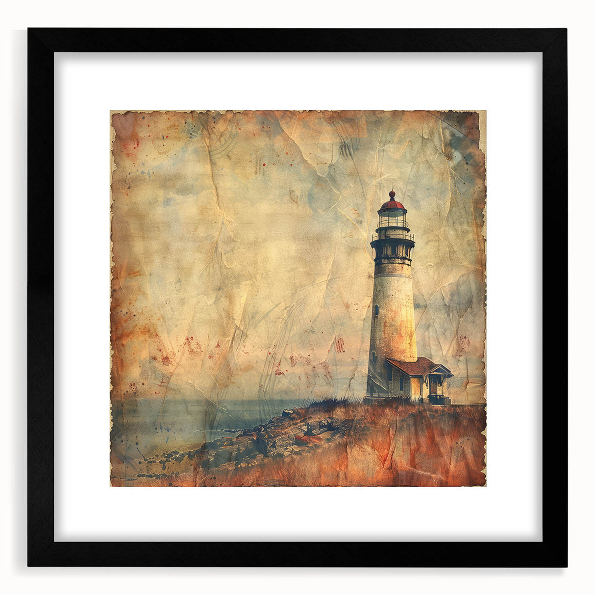 Black-framed wall art featuring a lighthouse design, with a mat border, showcasing serene coastal scenery. Perfect for enhancing home decor with nautical themes.