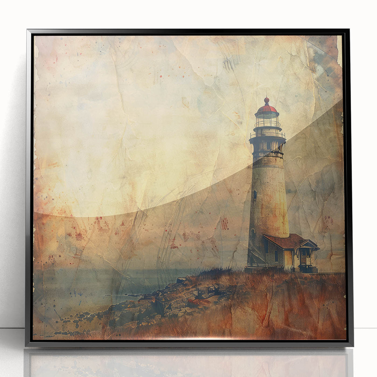 Framed acrylic wall art showcasing a lighthouse landscape in vibrant colors, set against a black frame, perfect for coastal-themed home decor.