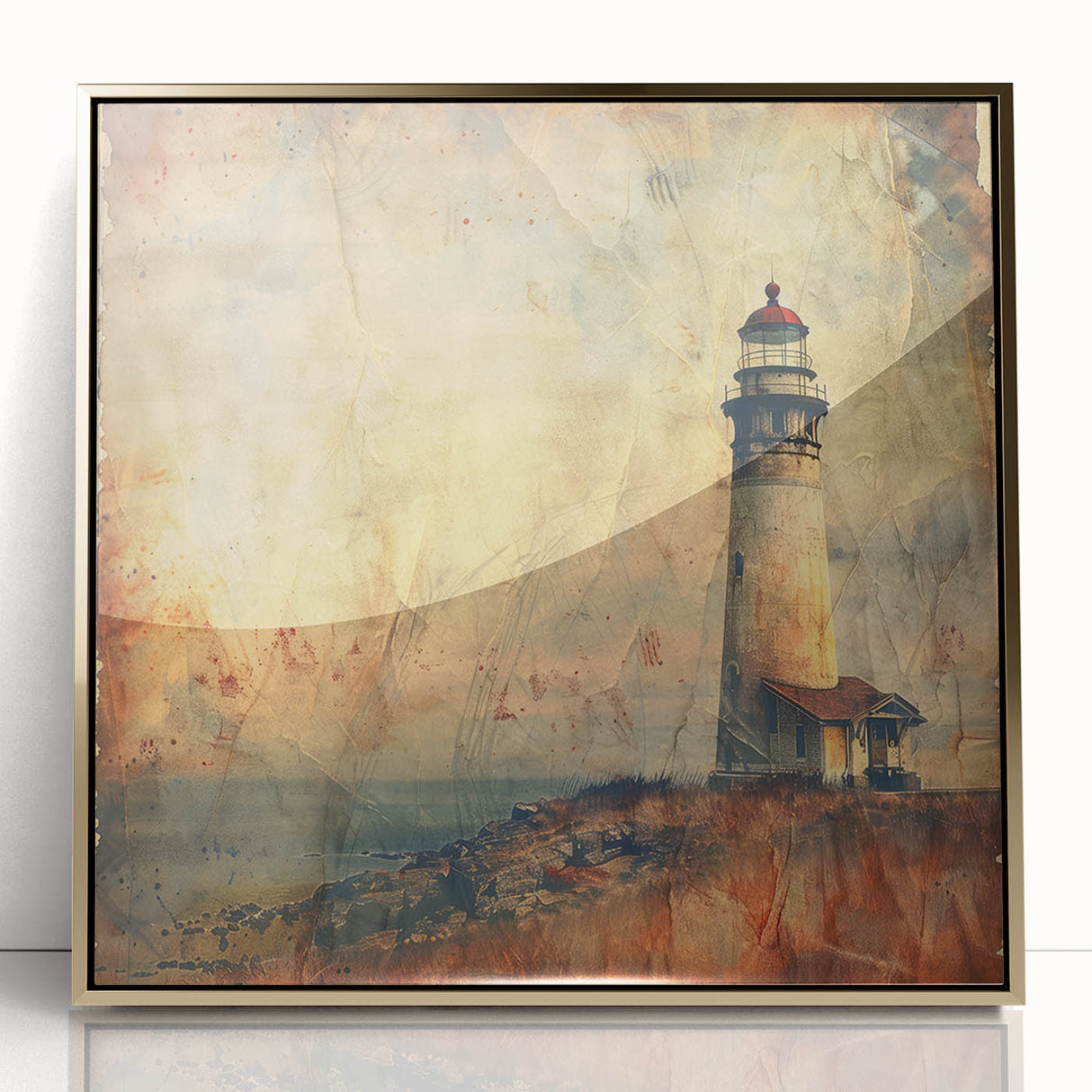 Framed acrylic wall art showcasing a picturesque lighthouse design with gold accents, perfect for enhancing modern coastal decor. Ideal for home or office settings.