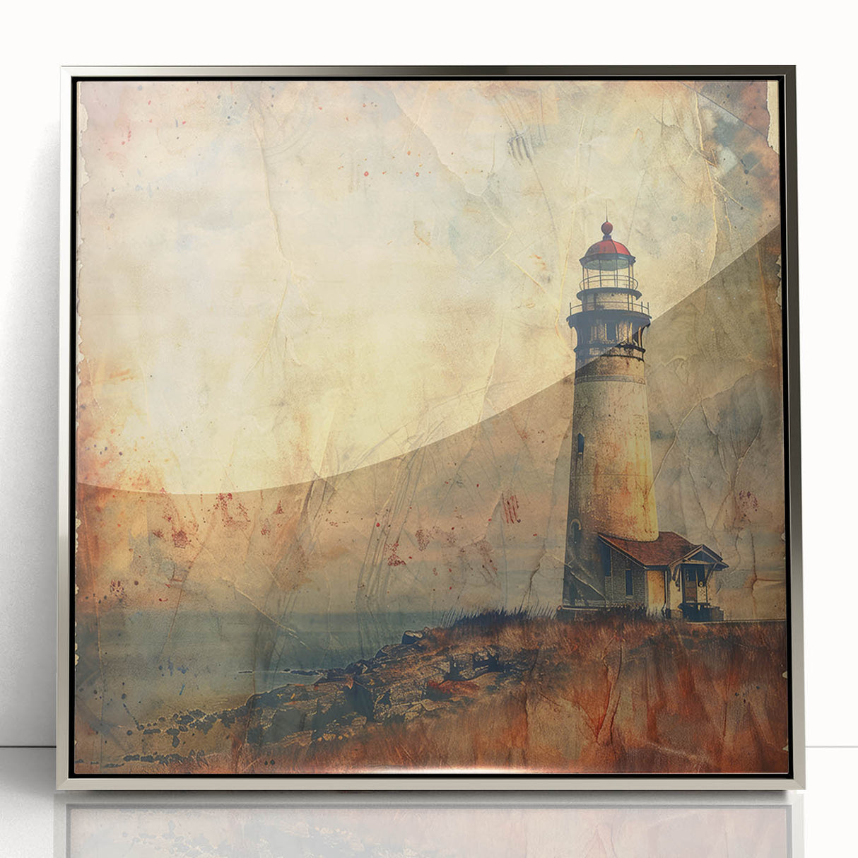 Framed lighthouse wall art showcasing a silver-acrylic finish, capturing a serene coastal scene with vibrant colors, perfect for home decor or nautical themes.