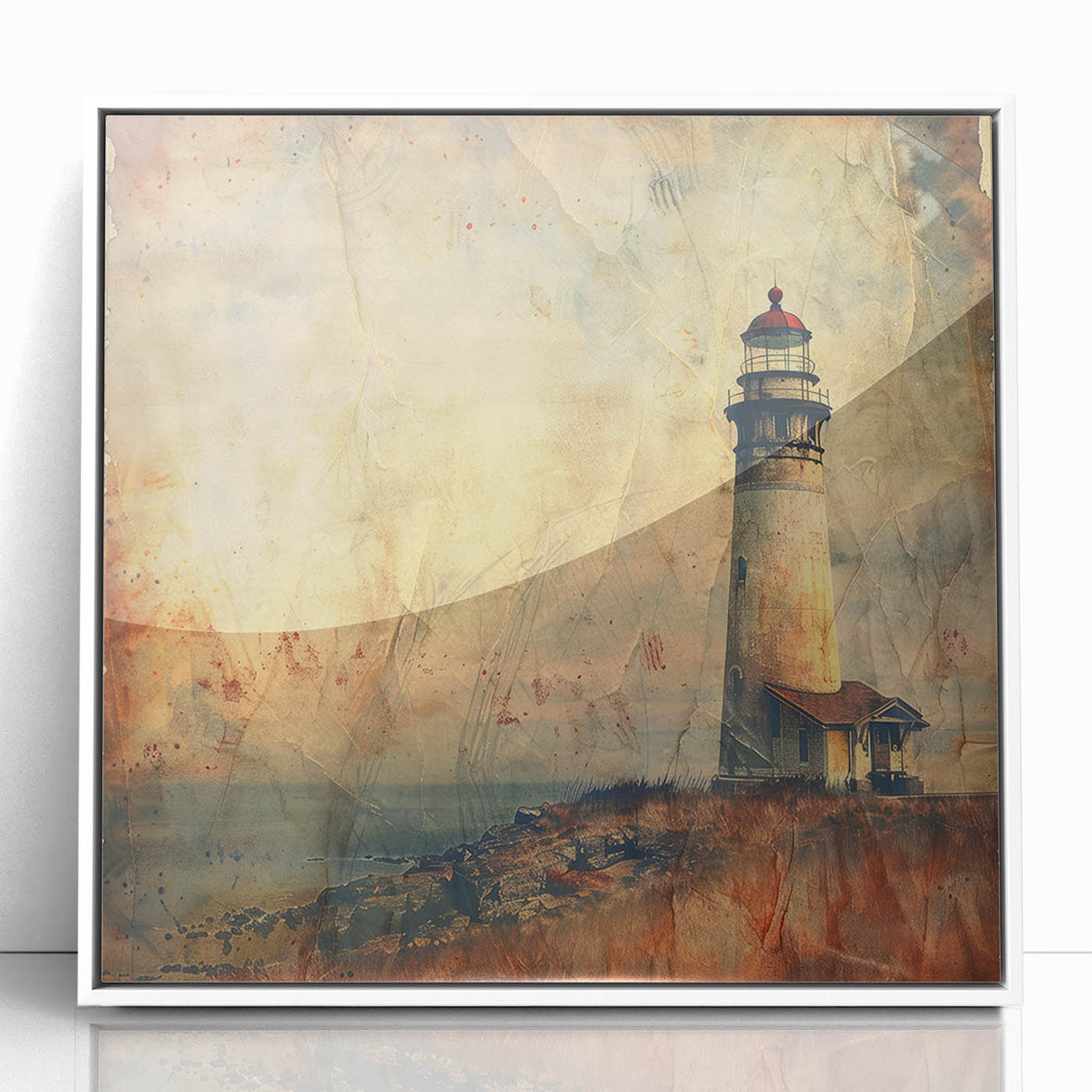Framed wall art showcasing a serene lighthouse landscape in vibrant colors, set against a crisp white background, perfect for enhancing coastal-themed decor.