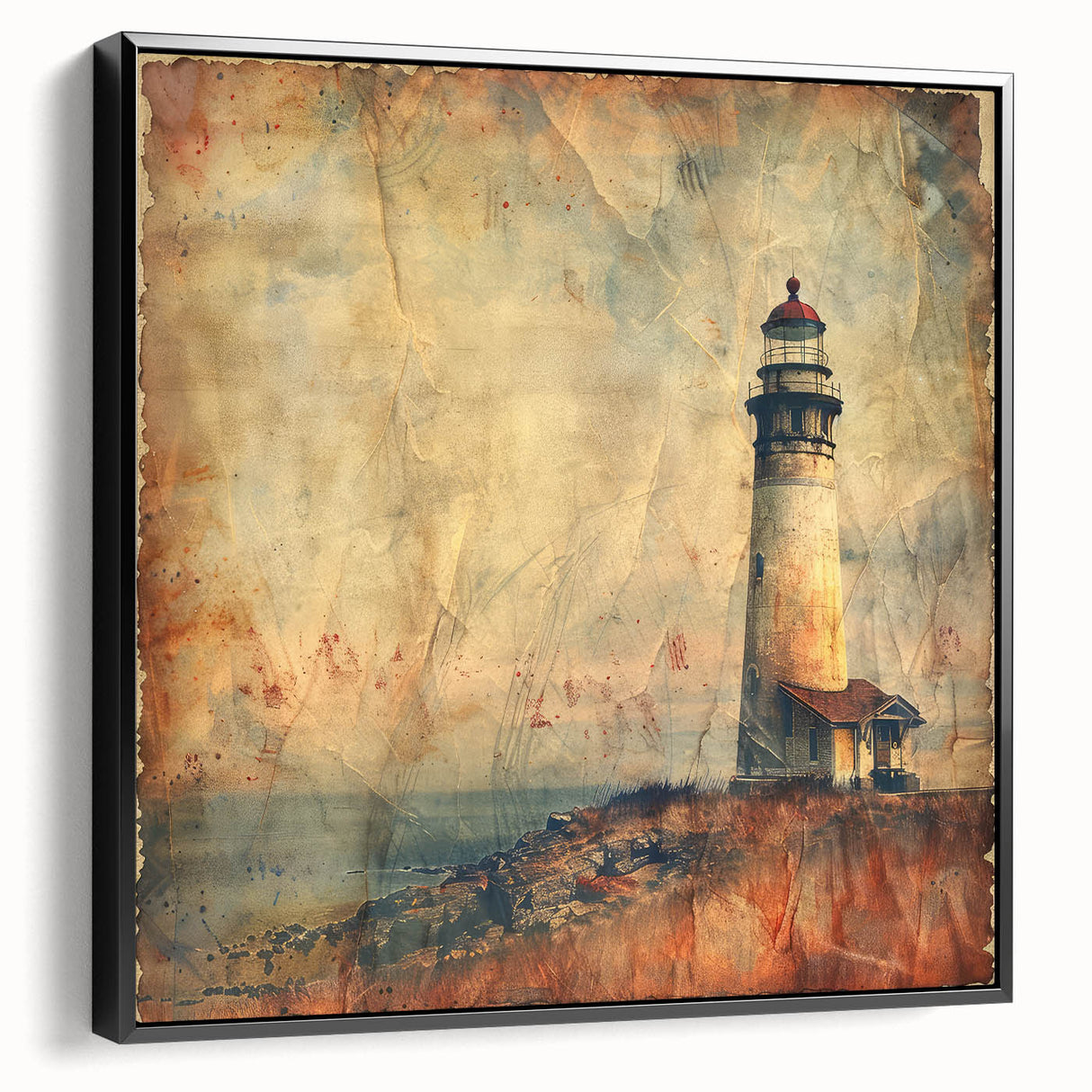 Framed canvas wall art depicting a scenic lighthouse landscape in vibrant colors, showcasing detailed brushwork and a sleek black frame, perfect for coastal decor.