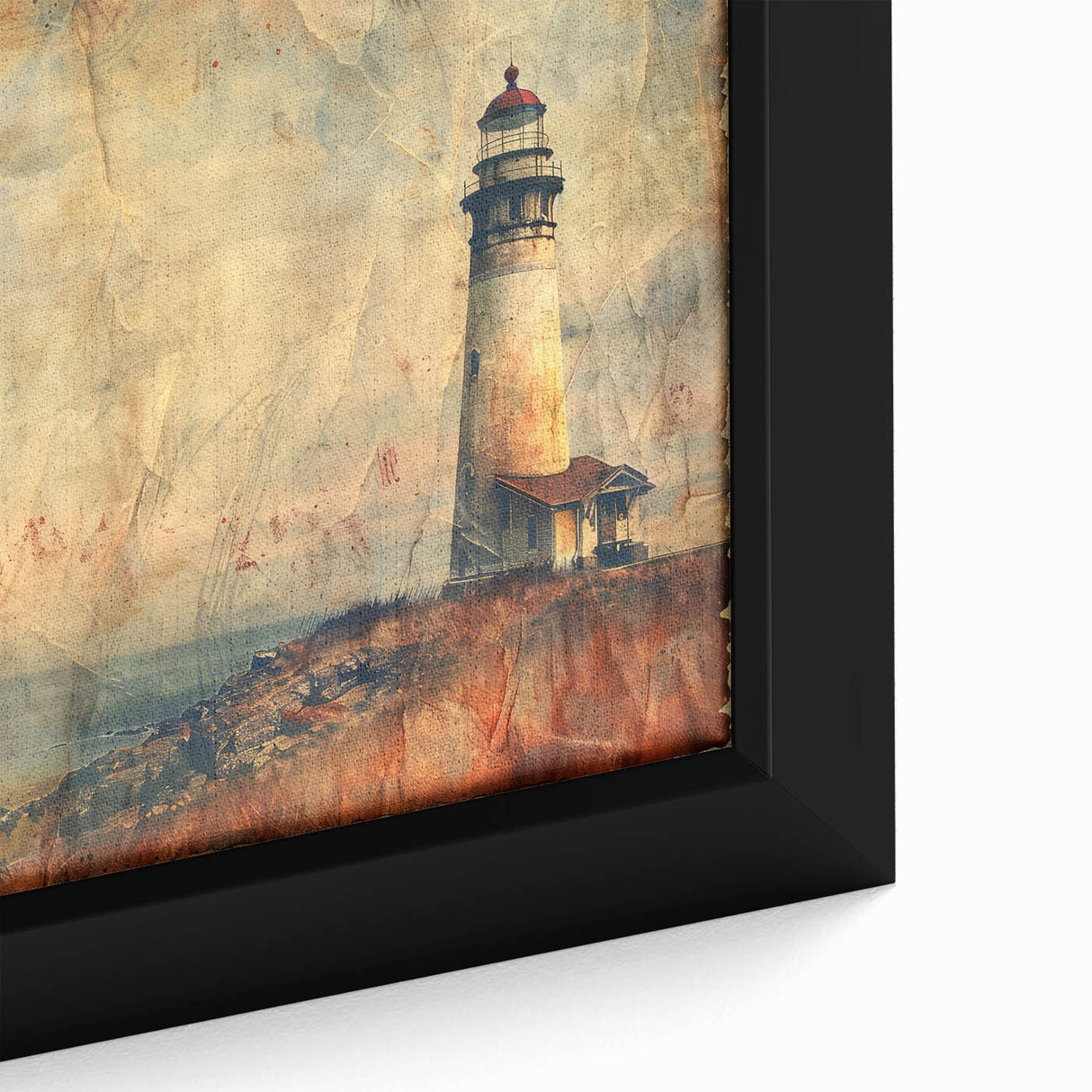 Framed canvas wall art depicting a detailed lighthouse landscape with vibrant colors and textured surface, ideal for coastal-themed home decor.
