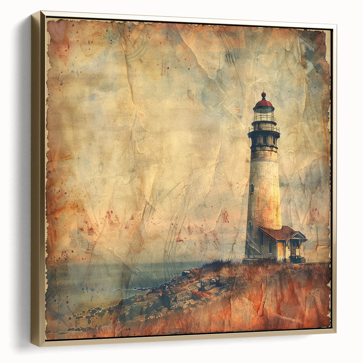 Framed canvas wall art depicting a serene lighthouse landscape in silver and gold tones, ideal for coastal-themed decor, enhancing any living space ambiance.