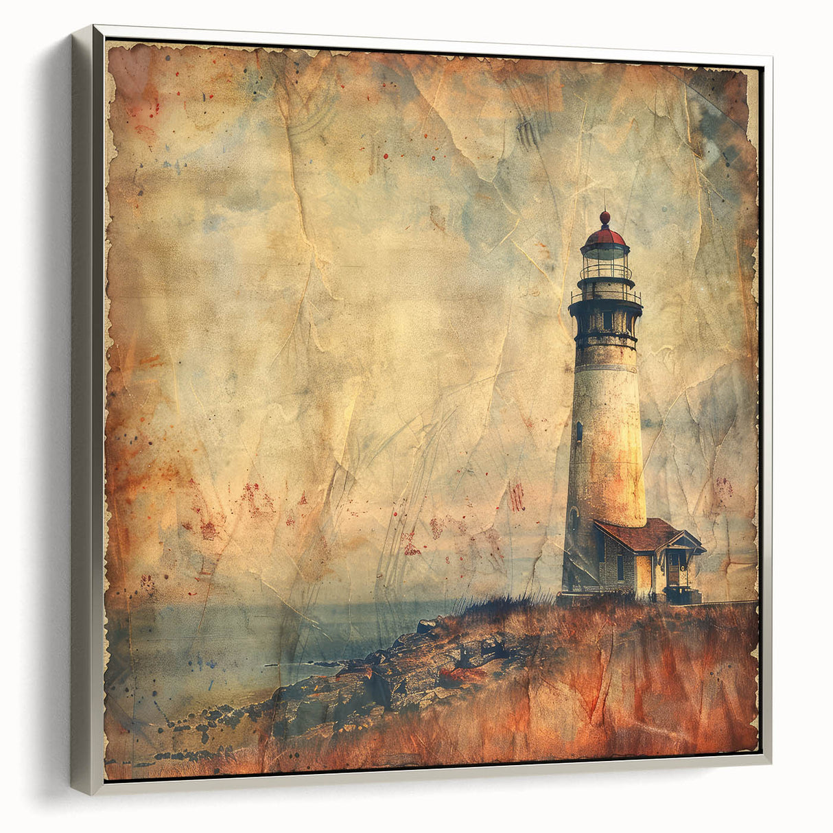 Framed canvas wall art showcasing a serene lighthouse landscape, featuring a silver frame and vibrant colors, perfect for coastal home decor.