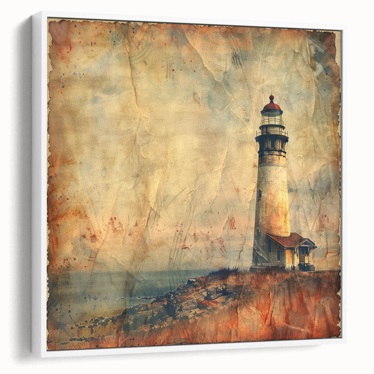Framed canvas wall art depicting a serene lighthouse scene at sunset, featuring vibrant colors of orange and blue, designed to enhance coastal-themed decor.