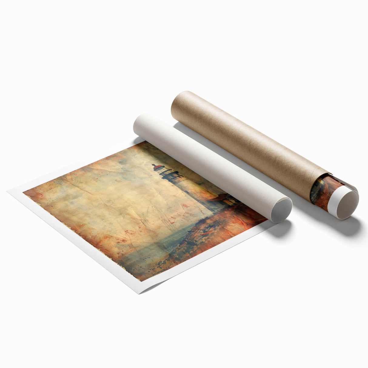 Lighthouse wall art print showcasing a serene coastal landscape with vibrant colors, rolled up for easy shipping and display in any home décor. Perfect for coastal-themed interiors.