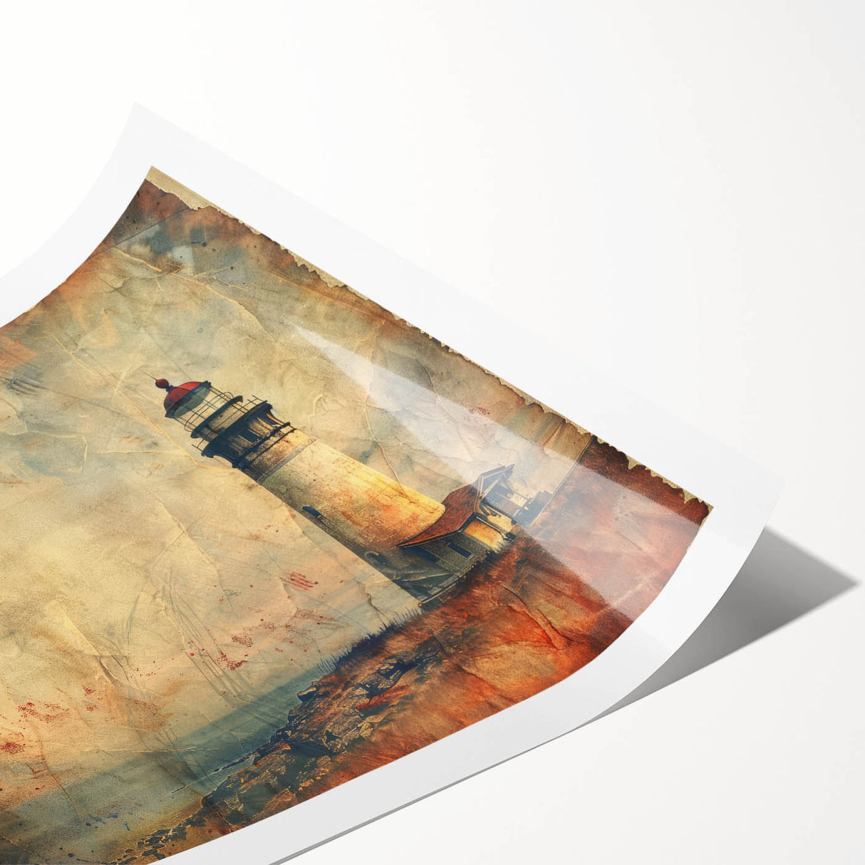 Lighthouse wall art print showcasing a vibrant coastal landscape, featuring a serene lighthouse against a sunset backdrop, rolled for easy shipping and display. Perfect for nautical-themed decor.