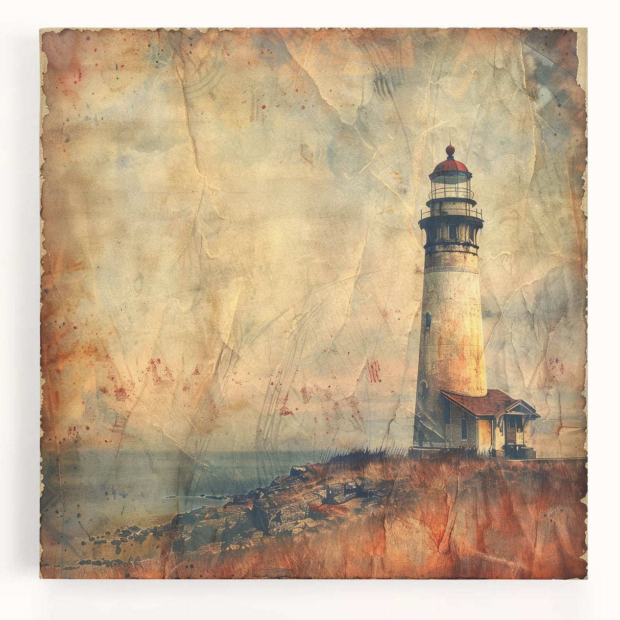 Stretched canvas wall art depicting a scenic lighthouse landscape, showcasing vibrant blues and greens, ideal for coastal home decor or nautical themes.