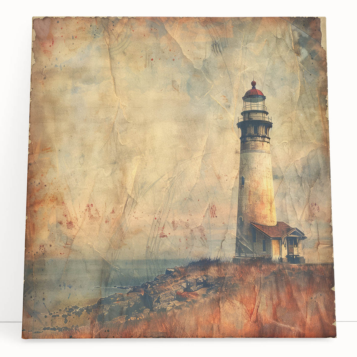 Stretched canvas wall art depicting a serene lighthouse landscape at sunset, featuring vibrant hues of orange and blue, perfect for coastal decor enthusiasts.