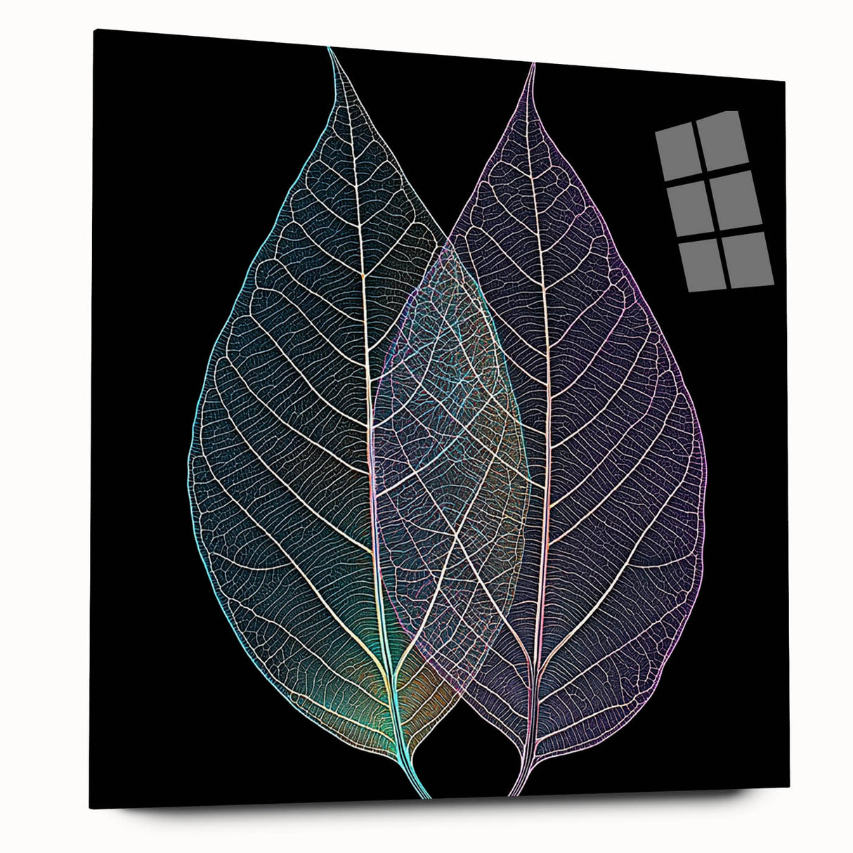 Large abstract wall art featuring close-up of leaves in green tones on acrylic glass.