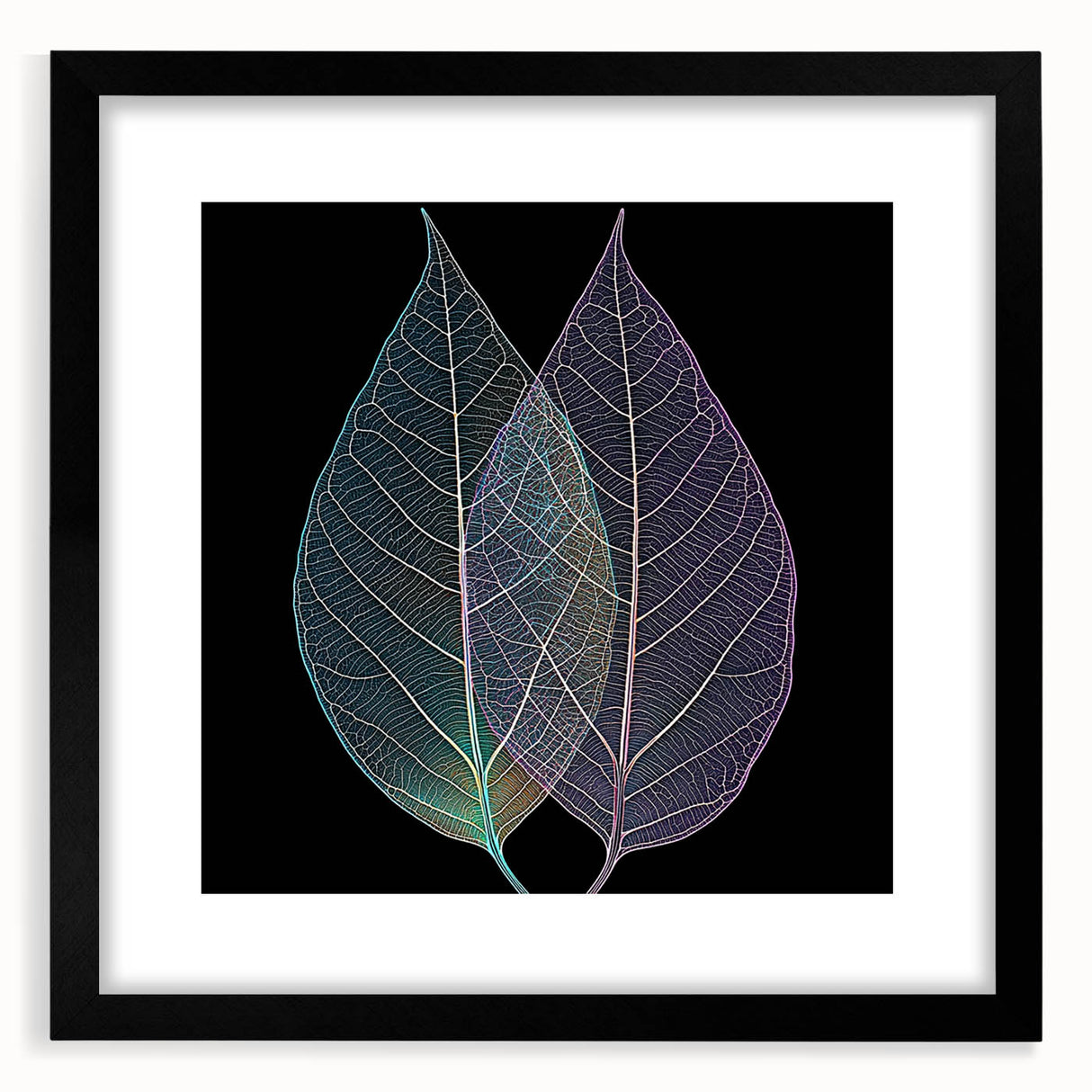 Extra large abstract art print featuring textured close-ups of leaves in vibrant colors, framed in black.