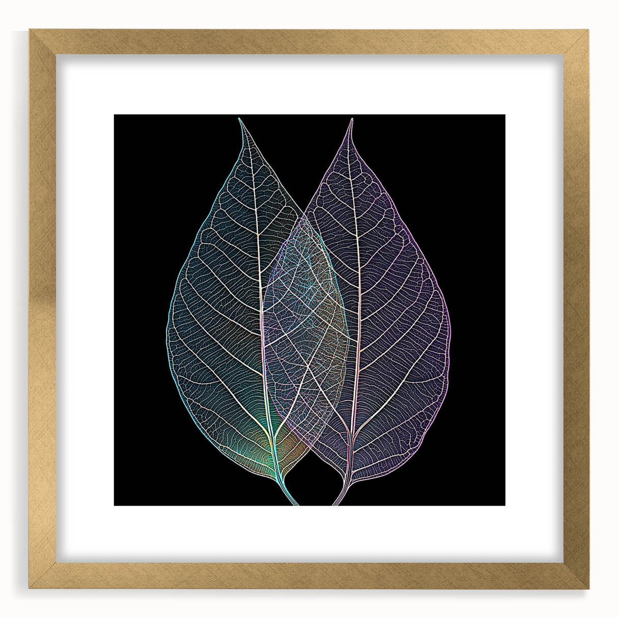 Extra large abstract art print featuring close-up textures of leaves in muted greens and browns, framed in gold.