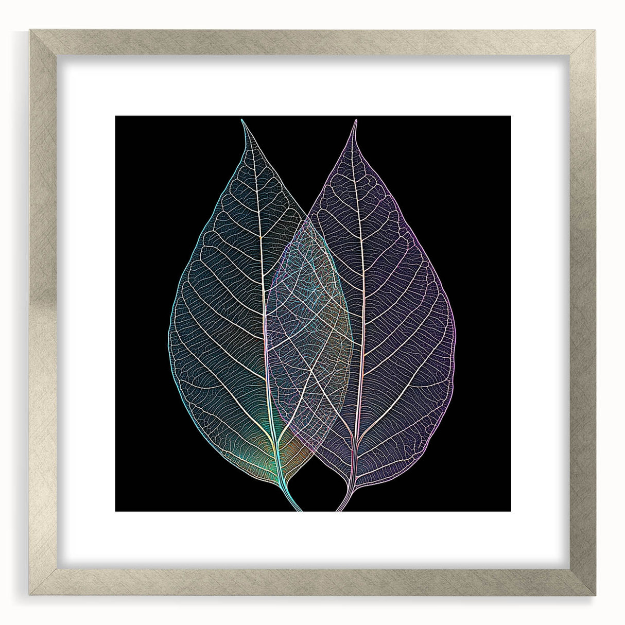 Close-up textured art of green leaves in an abstract style, framed in silver, suitable for bedroom decor.