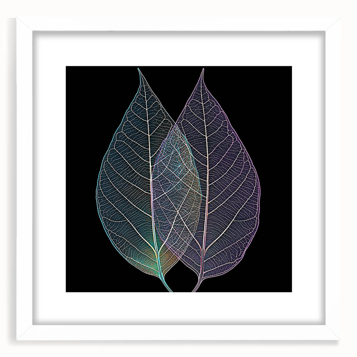 Abstract art print featuring close-up of leaves in muted green tones, framed in white.