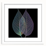Abstract art print featuring close-up of leaves in muted green tones, framed in white.