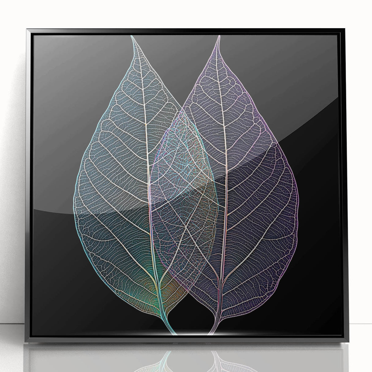 Large abstract wall art featuring close-up leaves in muted green and brown tones, framed in black acrylic.