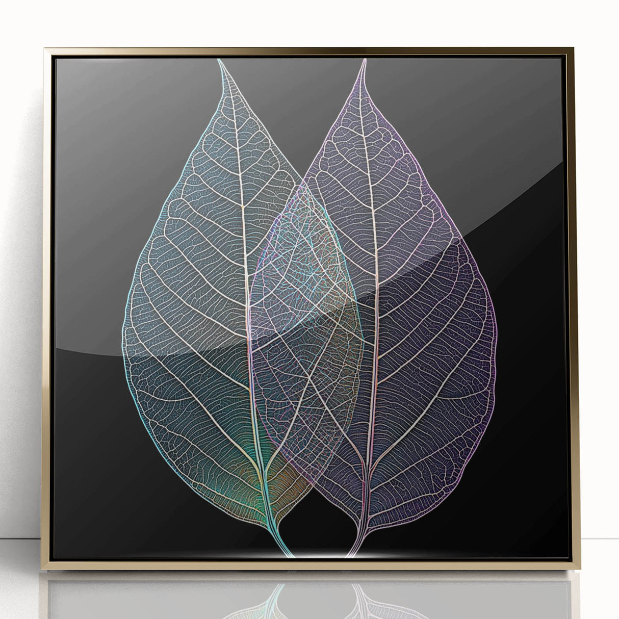 Large art print of close-up leaves in gold frame, featuring mid-century modernist style.