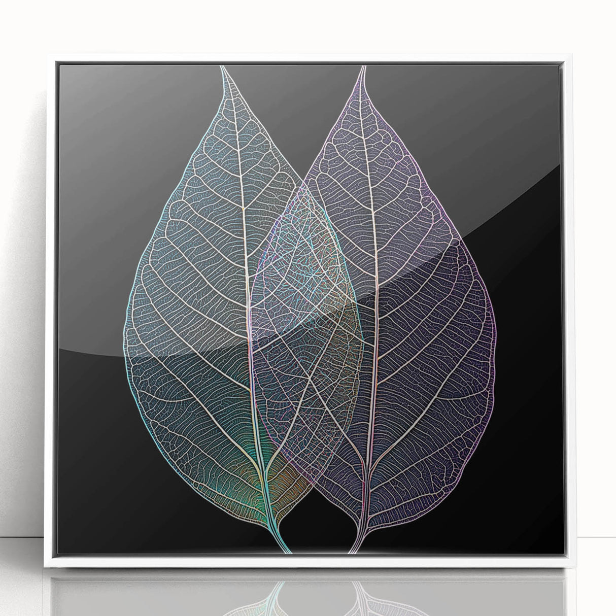 Close-up of green leaves in an art deco style, framed acrylic print, suited for modern nursery wall decor.