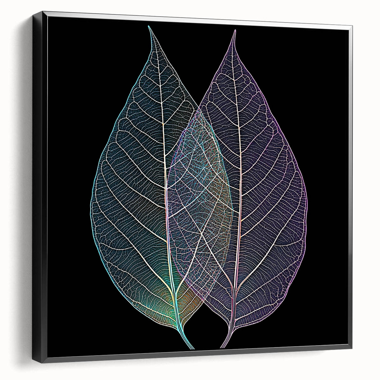 Black and white framed canvas featuring a close-up of leaves, suitable for bedroom wall decor.