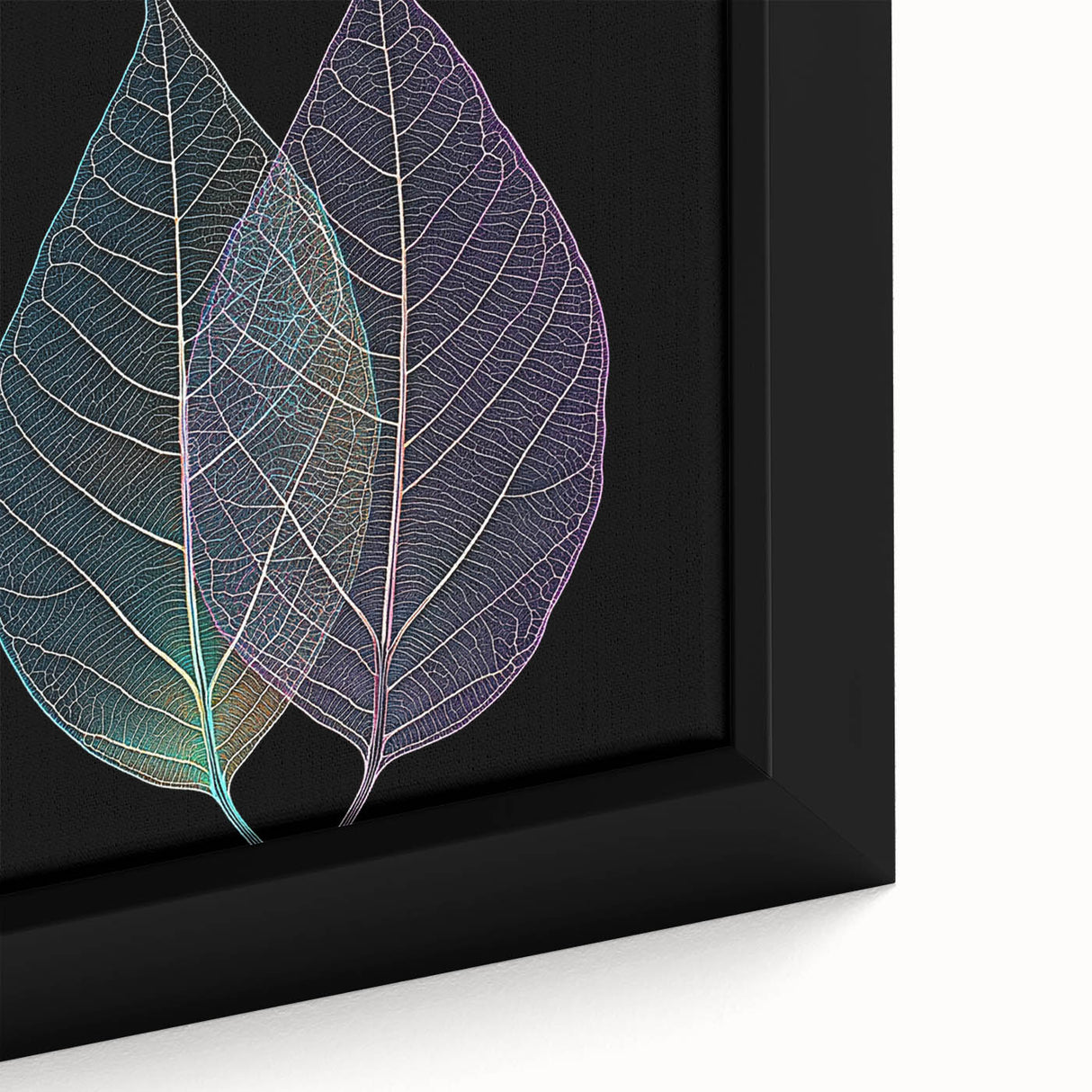 Close-up of textured leaves in vibrant green on a black framed canvas, ideal for living room decor.