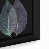 Close-up of textured leaves in vibrant green on a black framed canvas, ideal for living room decor.