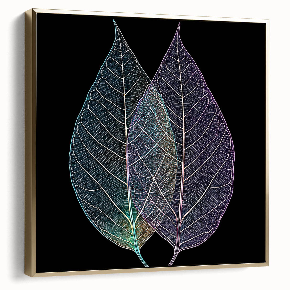 Framed canvas featuring close-up of leaves in silver and gold tones, suitable as wall art for bedrooms.