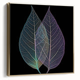 Framed canvas featuring close-up of leaves in silver and gold tones, suitable as wall art for bedrooms.