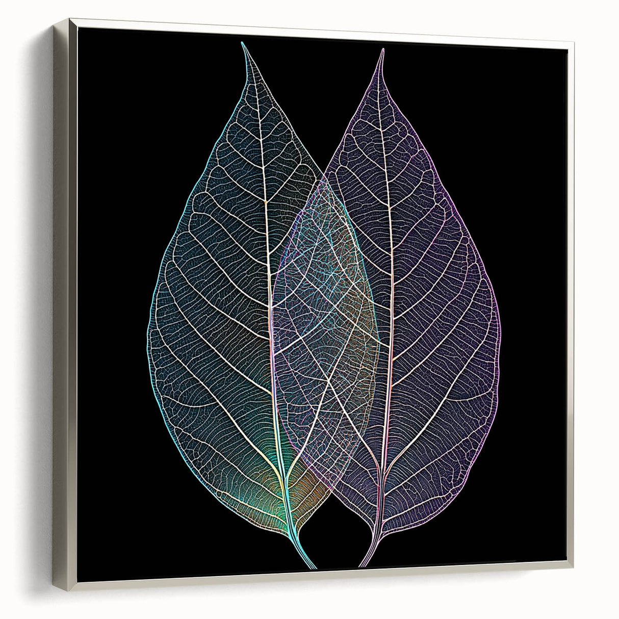 Framed canvas featuring a close-up of green leaves against a silver background, suitable for living room decor.
