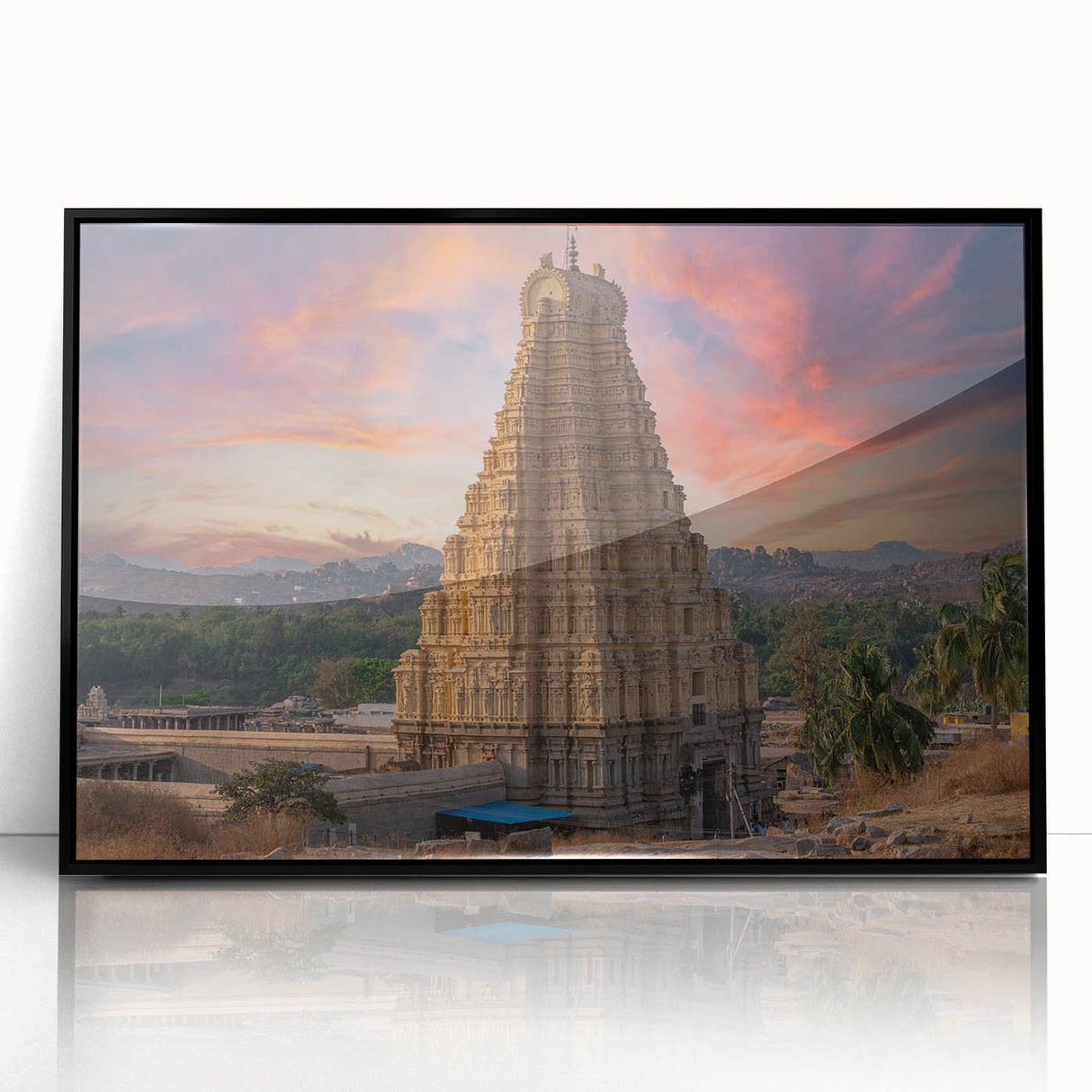 Large abstract wall art depicting a vibrant Indian landscape on black framed acrylic, suited for modern decor.