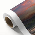 Art Deco poster featuring a serene Indian landscape in muted green and blue tones on rolled canvas.