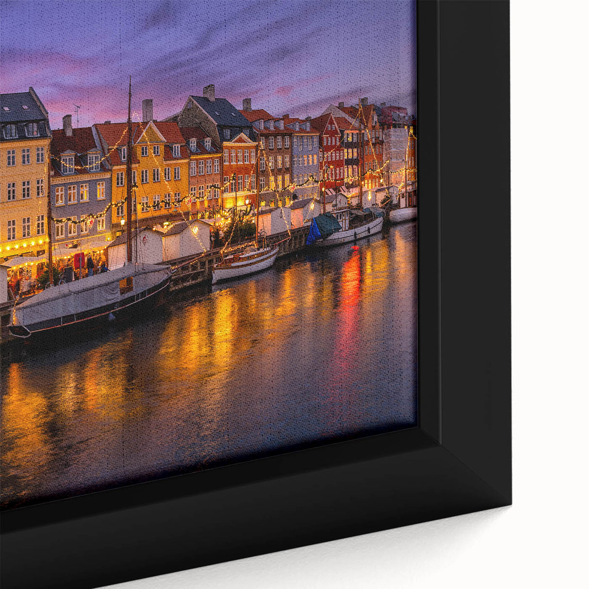 Extra large framed canvas of a textured, colorful Danish landscape in predominantly black tones, ideal for living room decor.