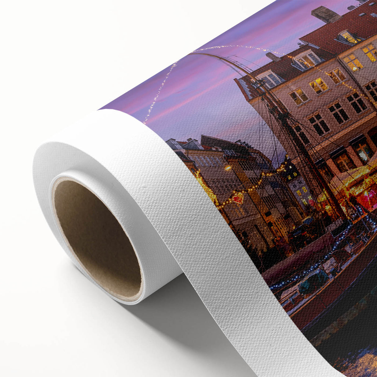 Art deco poster featuring a serene Danish landscape in soft pastel shades, printed on rolled canvas.