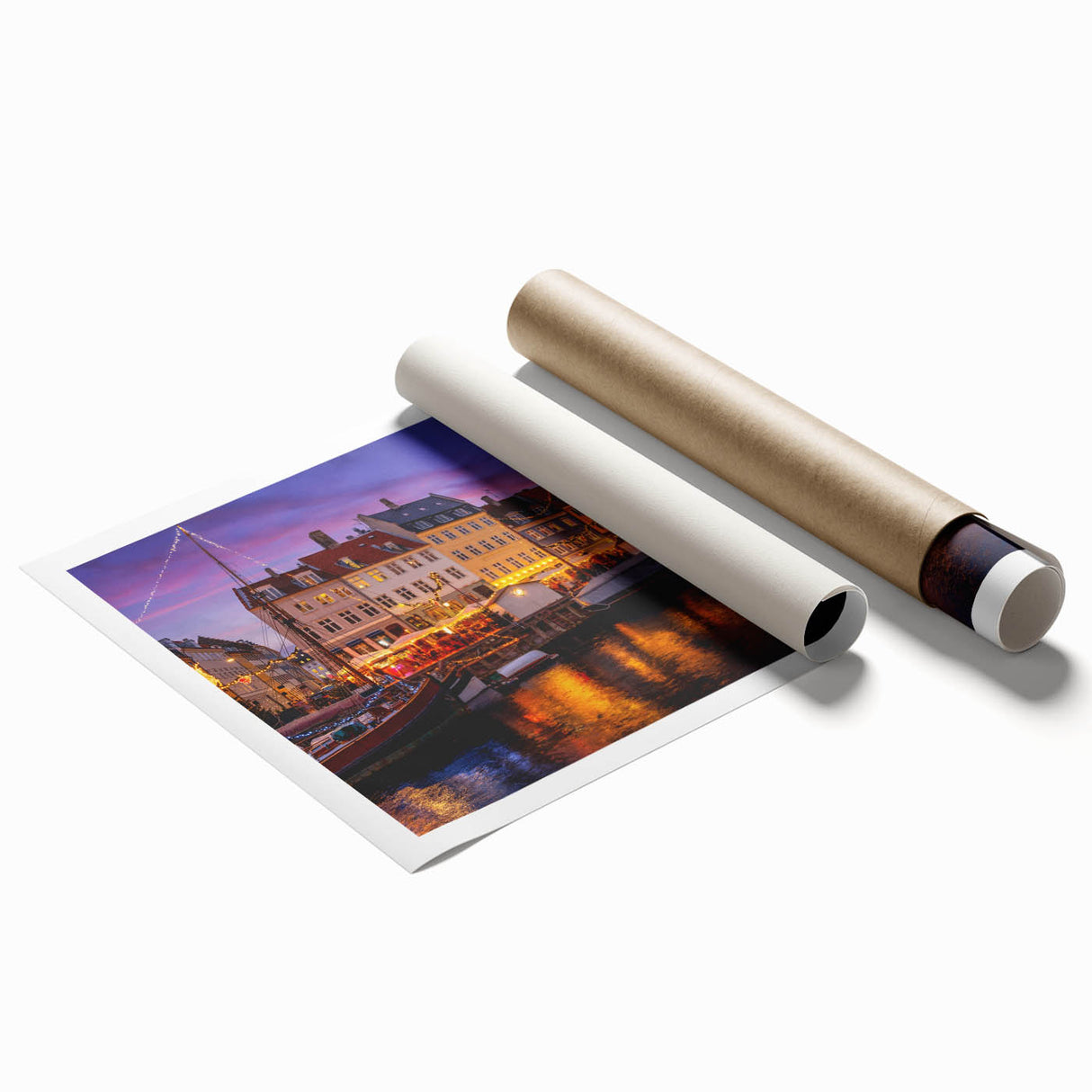 Extra large rolled print featuring a serene Danish landscape with muted green and blue tones.