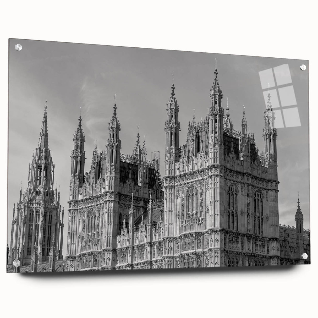 Acrylic print of London scenery with muted gray and blue tones, suitable for dining room decor.