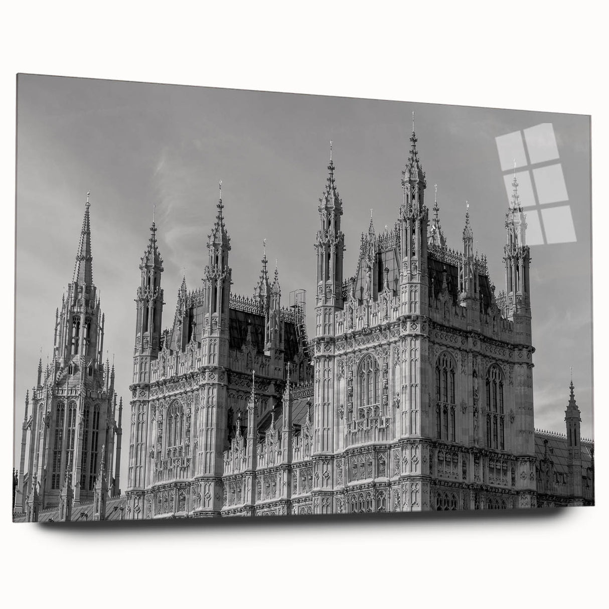 Acrylic print of a large abstract London skyline in muted blues and grays, suitable for bedroom or dining room art.