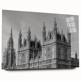 Acrylic print of a large abstract London skyline in muted blues and grays, suitable for bedroom or dining room art.