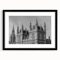 Abstract art print of London scenery in vibrant colors on a textured, extra large canvas, framed in black.