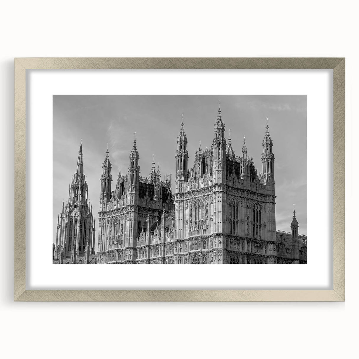 Extra large abstract art print of London skyline in textured silver frame, ideal for living room decor.