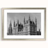 Extra large abstract art print of London skyline in textured silver frame, ideal for living room decor.