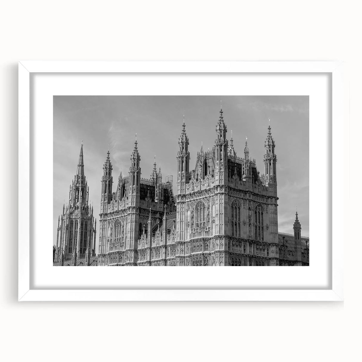 Textured abstract art print of London scenery in muted gray, ideal for bedroom art, framed with a white mat.