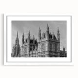 Textured abstract art print of London scenery in muted gray, ideal for bedroom art, framed with a white mat.