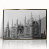 Art deco poster of London skyline in muted gold and gray tones on a framed acrylic, suitable for modern art wall decor.